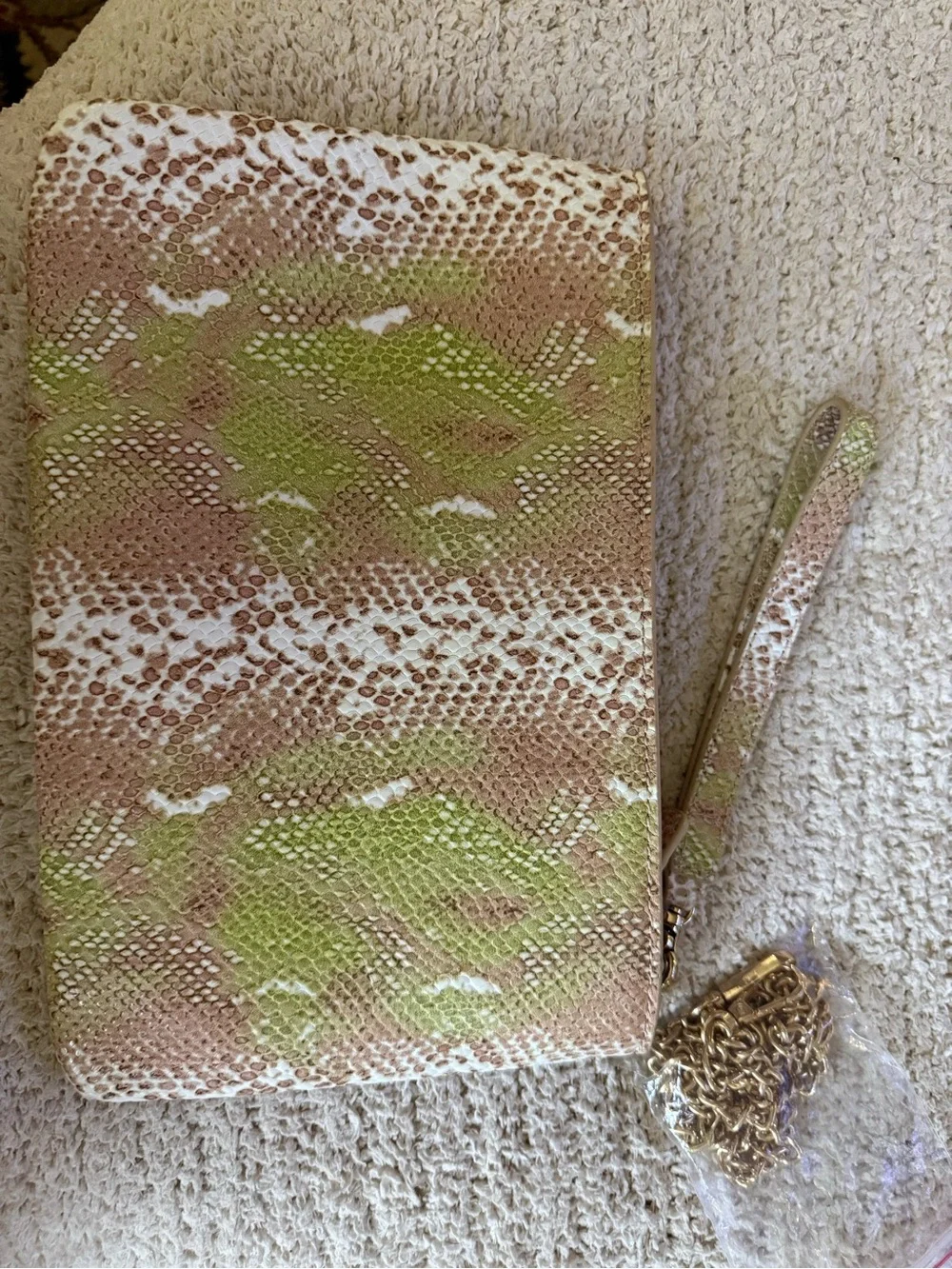 Kelly Wynne Green and Neutral Snake-Print Clutch/wristlet bag